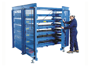Roll-Out Sheet Rack with operator closing hinged side-frames