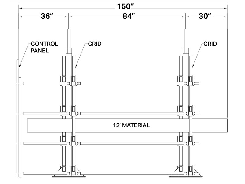 Grid supports are spaced appropriately to the length material. Long material spans across the Grid Arms. The drawing shows 12' material on a 2 Grid SpaceSaver Rack