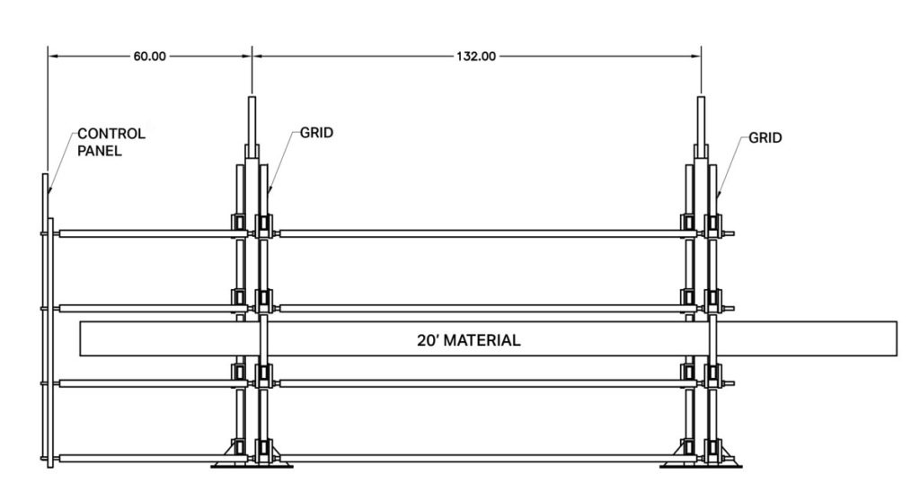 Grid supports are spaced appropriately to the length material. Long material spans across the Grid Arms. The drawing shows 20' material on a 2 Grid SpaceSaver Rack