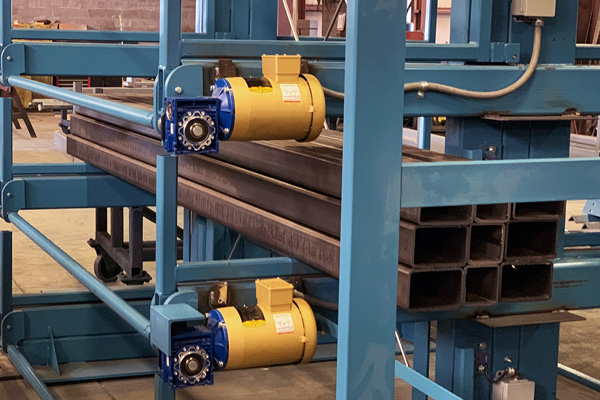 powered-spacesaver2-web Close up of the powered drives on a5T 2G SpaceSaver Rack storing square tubing