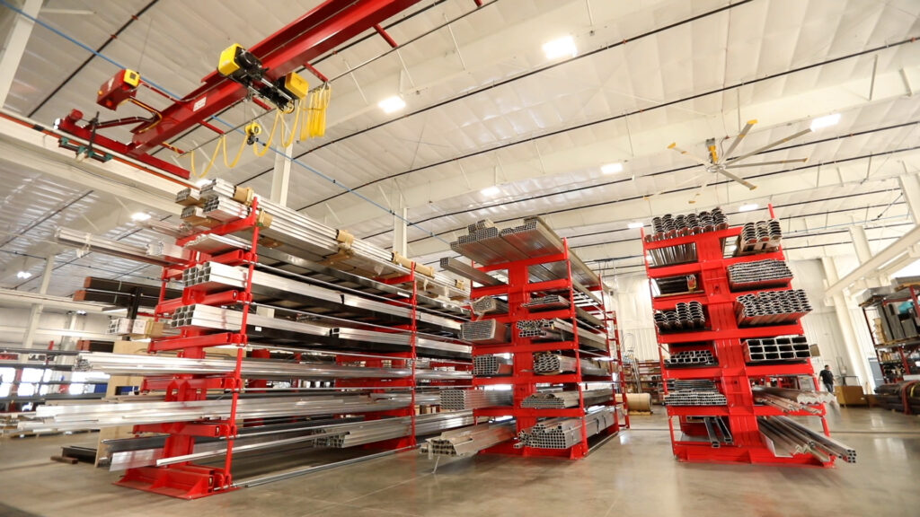 Backside of Red SpaceSaver roll-out cantilever racks